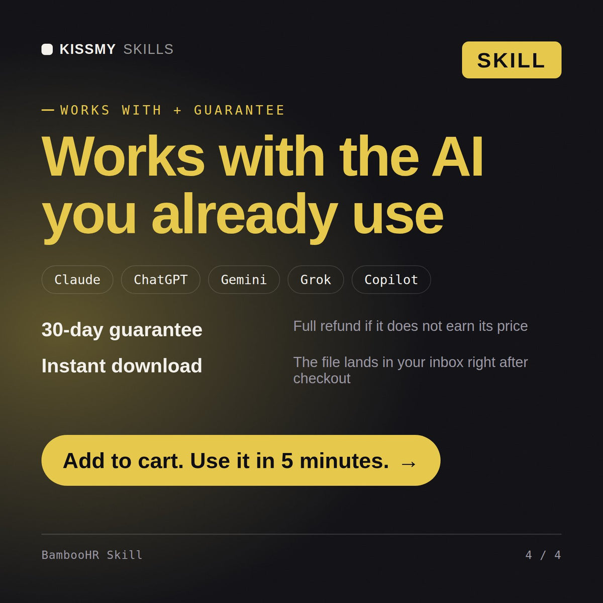 The BambooHR Skill AI skill works with Claude, ChatGPT, Gemini and any AI chat, 30-day money-back guarantee