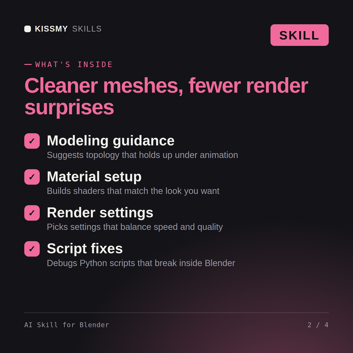 What's inside the AI Skill for Blender AI skill: Modeling guidance, Material setup, Render settings, Script fixes