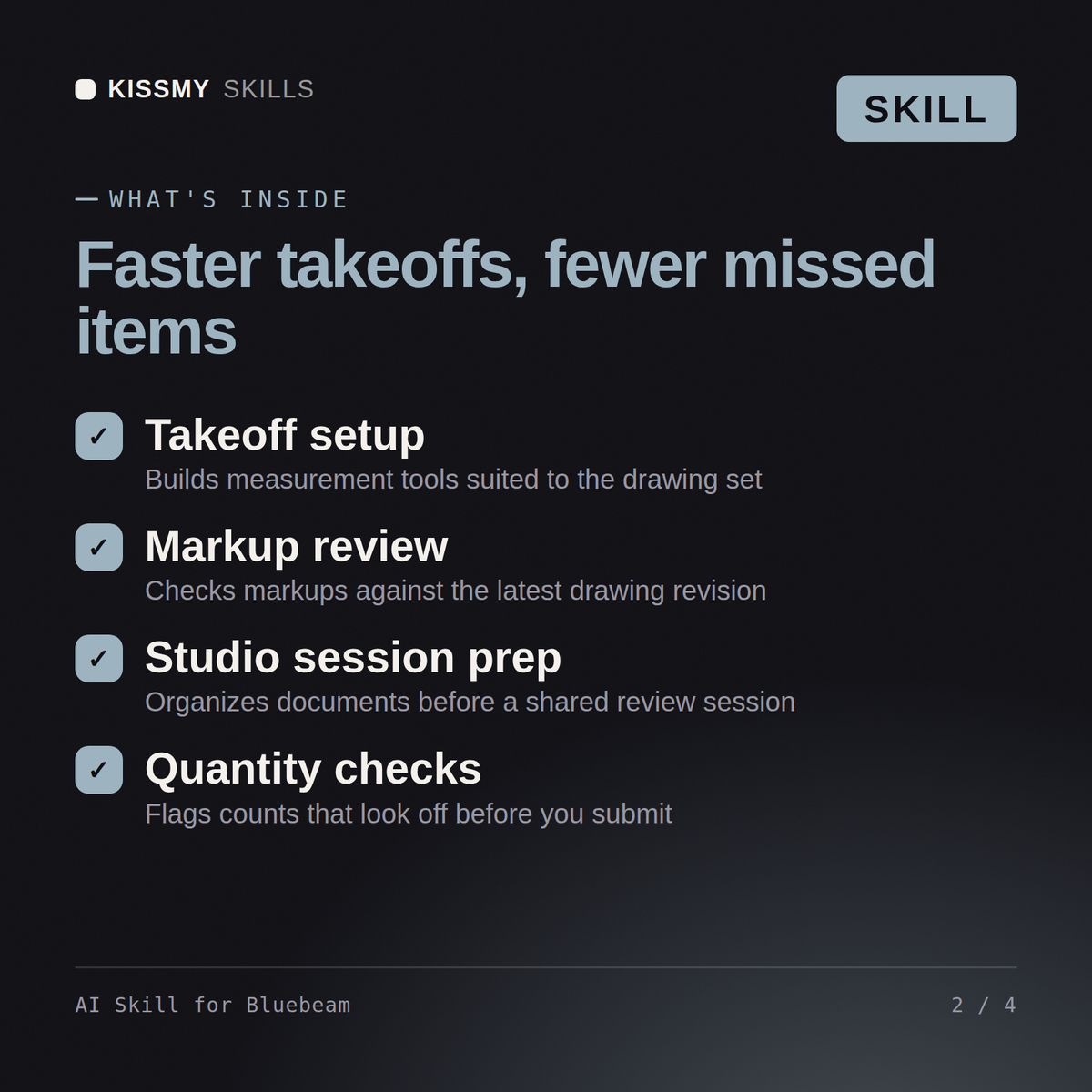 What's inside the AI Skill for Bluebeam AI skill: Takeoff setup, Markup review, Studio session prep, Quantity checks