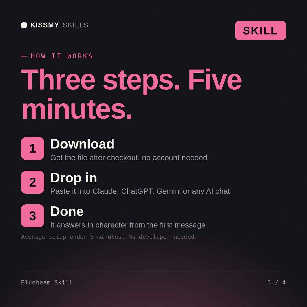 How the Bluebeam Skill AI skill works in three steps: download, drop it into your AI chat, done