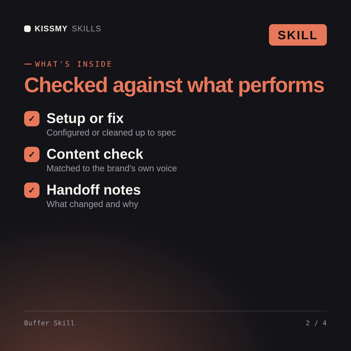 What's inside the Buffer Skill AI skill: Setup or fix, Content check, Handoff notes
