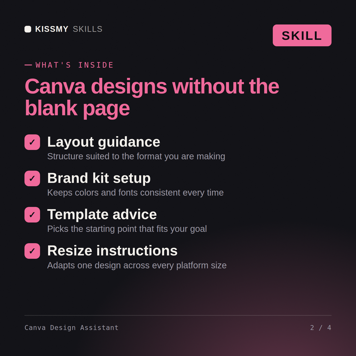 What's inside the Canva Design Assistant AI skill: Layout guidance, Brand kit setup, Template advice, Resize instructions