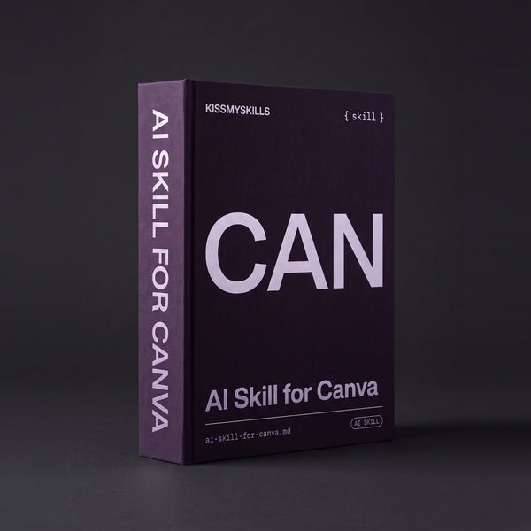 Canva Claude skill by KissMySkills, deep violet plum bookcloth cover with the monogram CAN