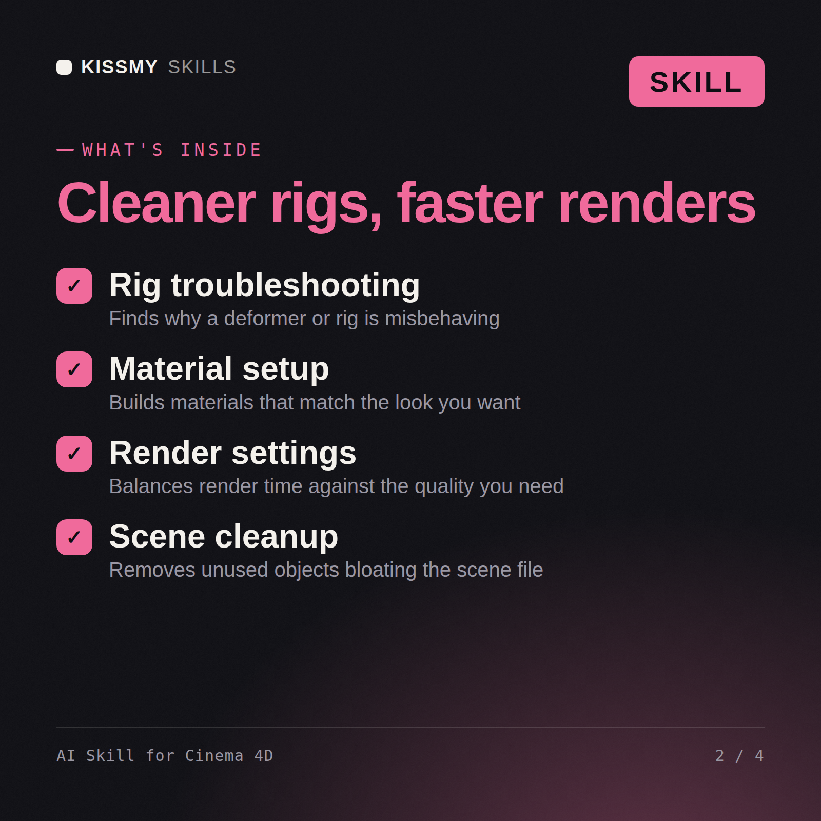 What's inside the AI Skill for Cinema 4D AI skill: Rig troubleshooting, Material setup, Render settings, Scene cleanup