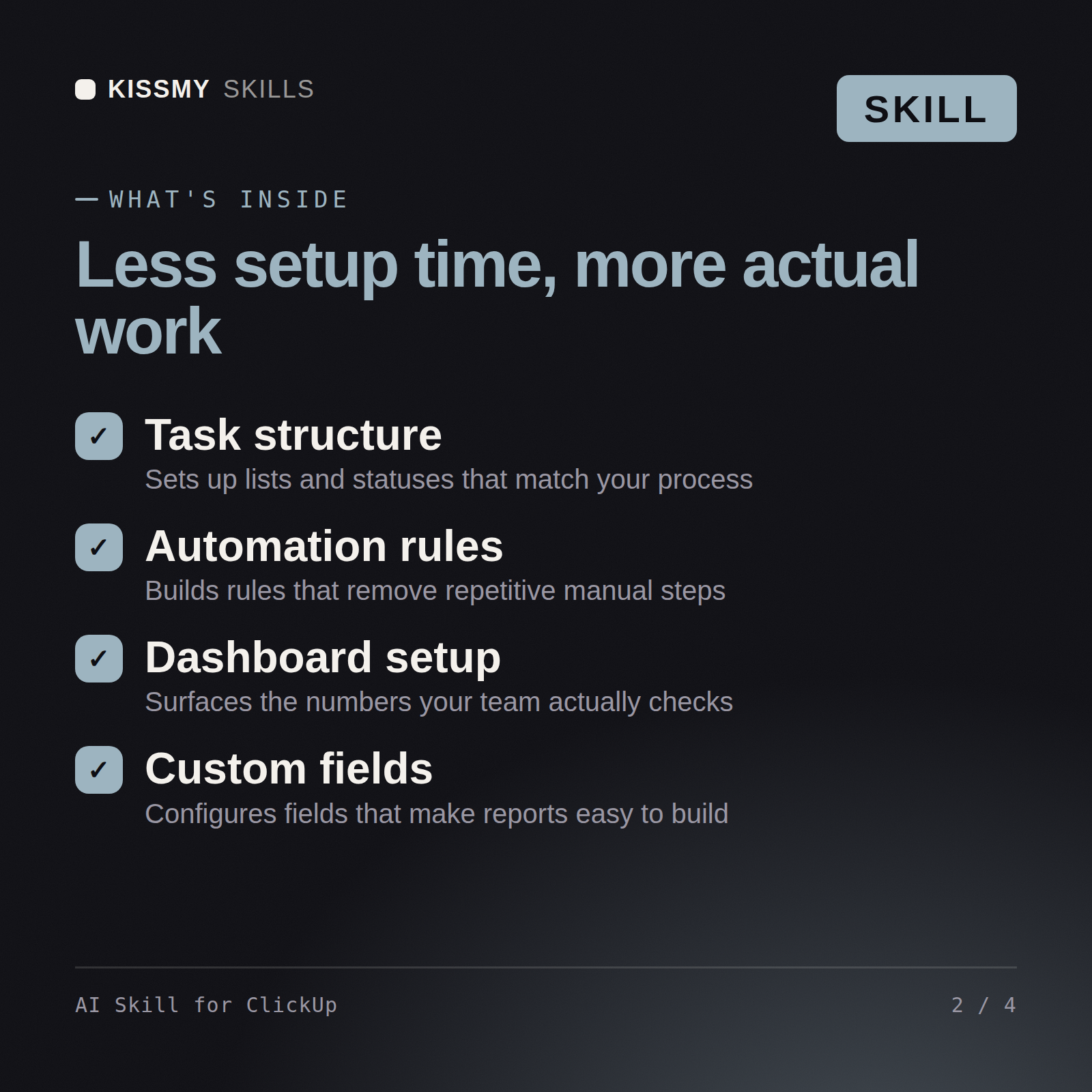 What's inside the AI Skill for ClickUp AI skill: Task structure, Automation rules, Dashboard setup, Custom fields
