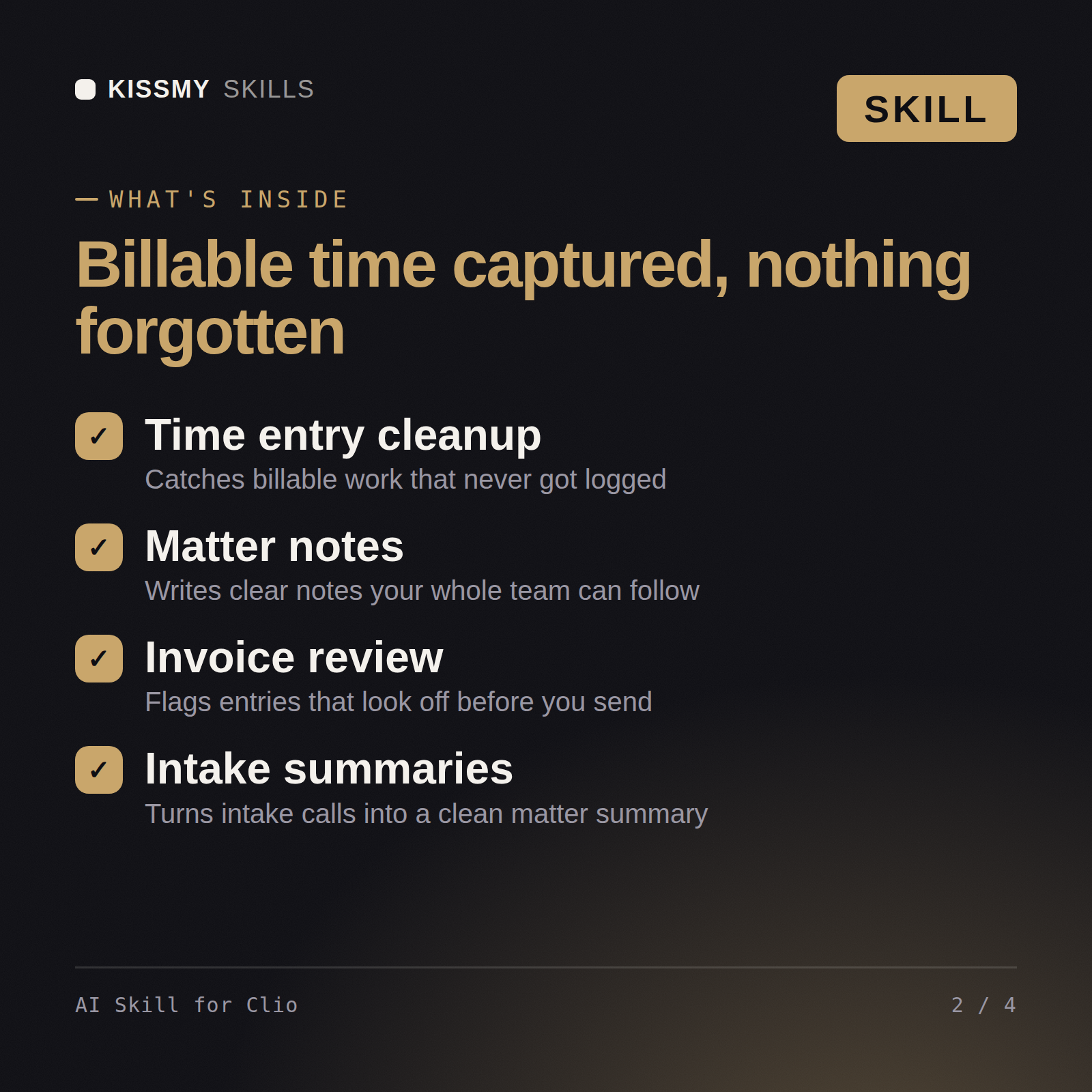 What's inside the AI Skill for Clio AI skill: Time entry cleanup, Matter notes, Invoice review, Intake summaries