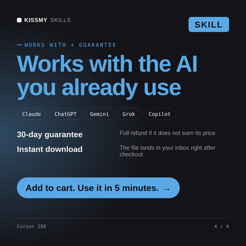 The Cursor IDE AI skill works with Claude, ChatGPT, Gemini and any AI chat, 30-day money-back guarantee