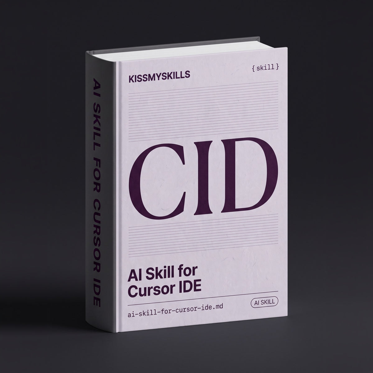 Cursor IDE Claude skill by KissMySkills, pale silver lilac laid paper cover with the monogram CID