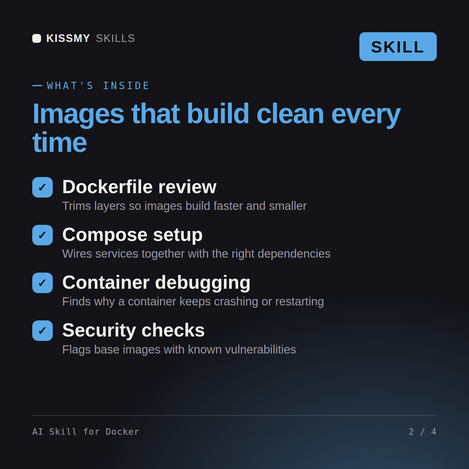 What's inside the AI Skill for Docker AI skill: Dockerfile review, Compose setup, Container debugging, Security checks