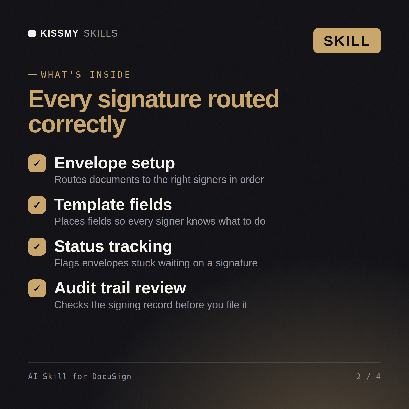What's inside the AI Skill for DocuSign AI skill: Envelope setup, Template fields, Status tracking, Audit trail review