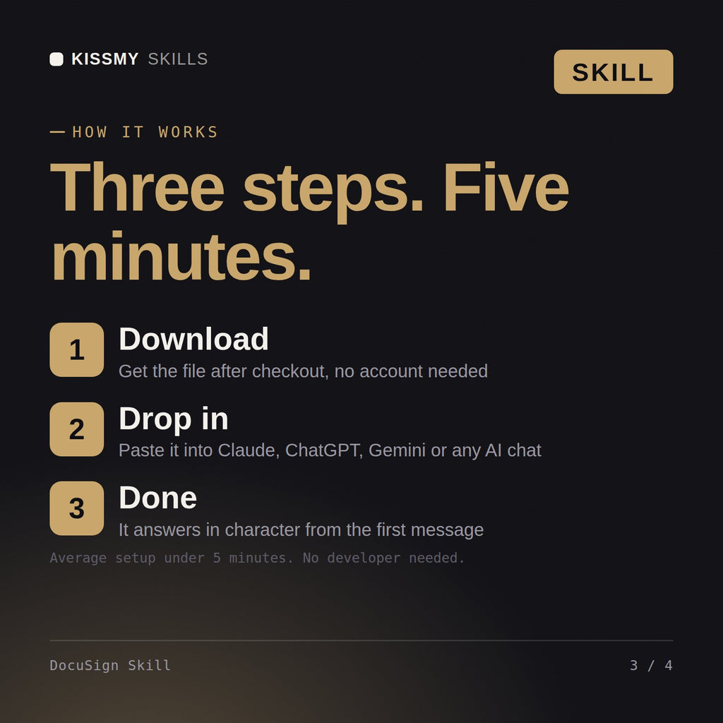 How the DocuSign Skill AI skill works in three steps: download, drop it into your AI chat, done