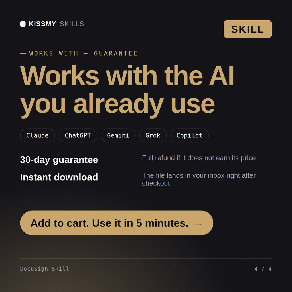 The DocuSign Skill AI skill works with Claude, ChatGPT, Gemini and any AI chat, 30-day money-back guarantee