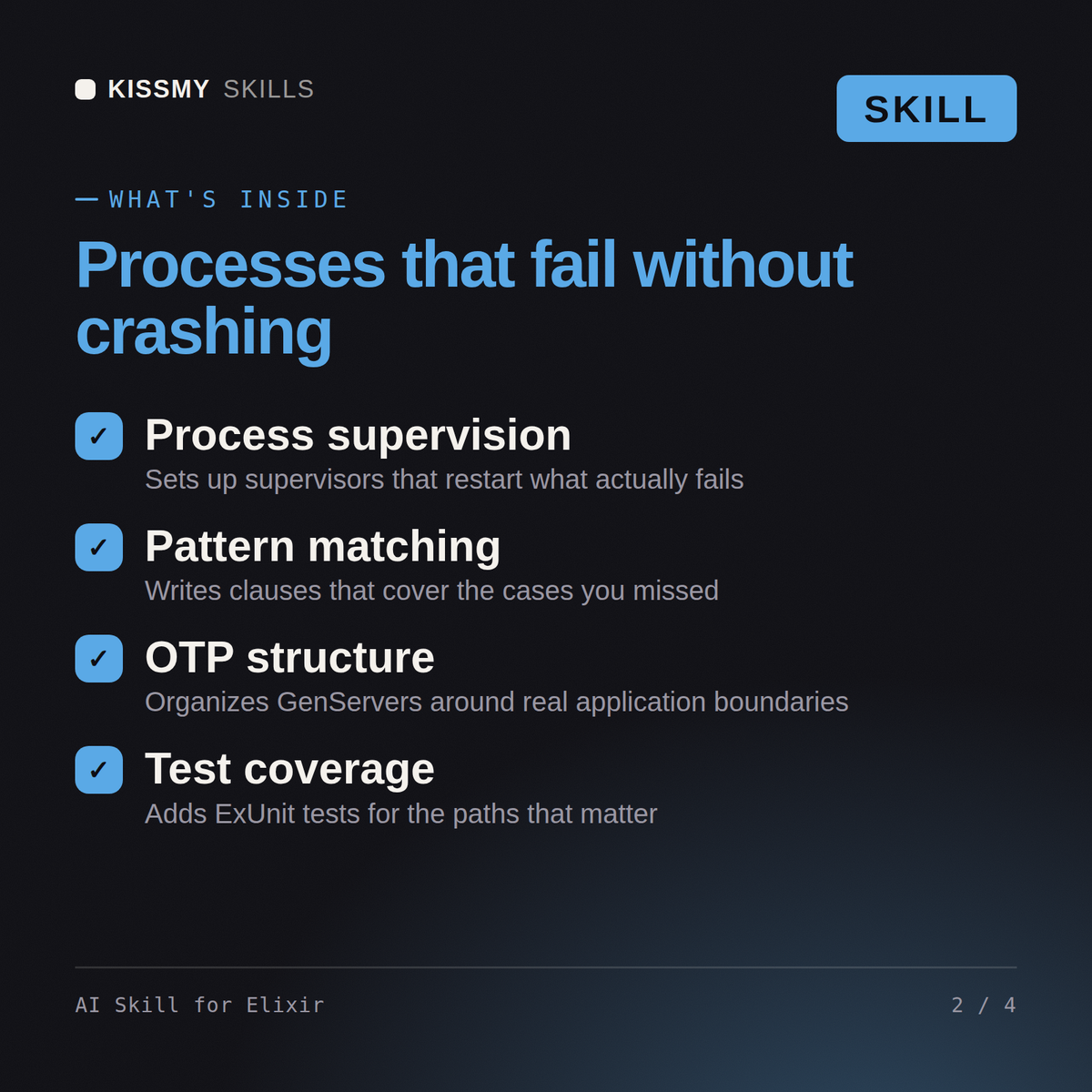 What's inside the AI Skill for Elixir AI skill: Process supervision, Pattern matching, OTP structure, Test coverage