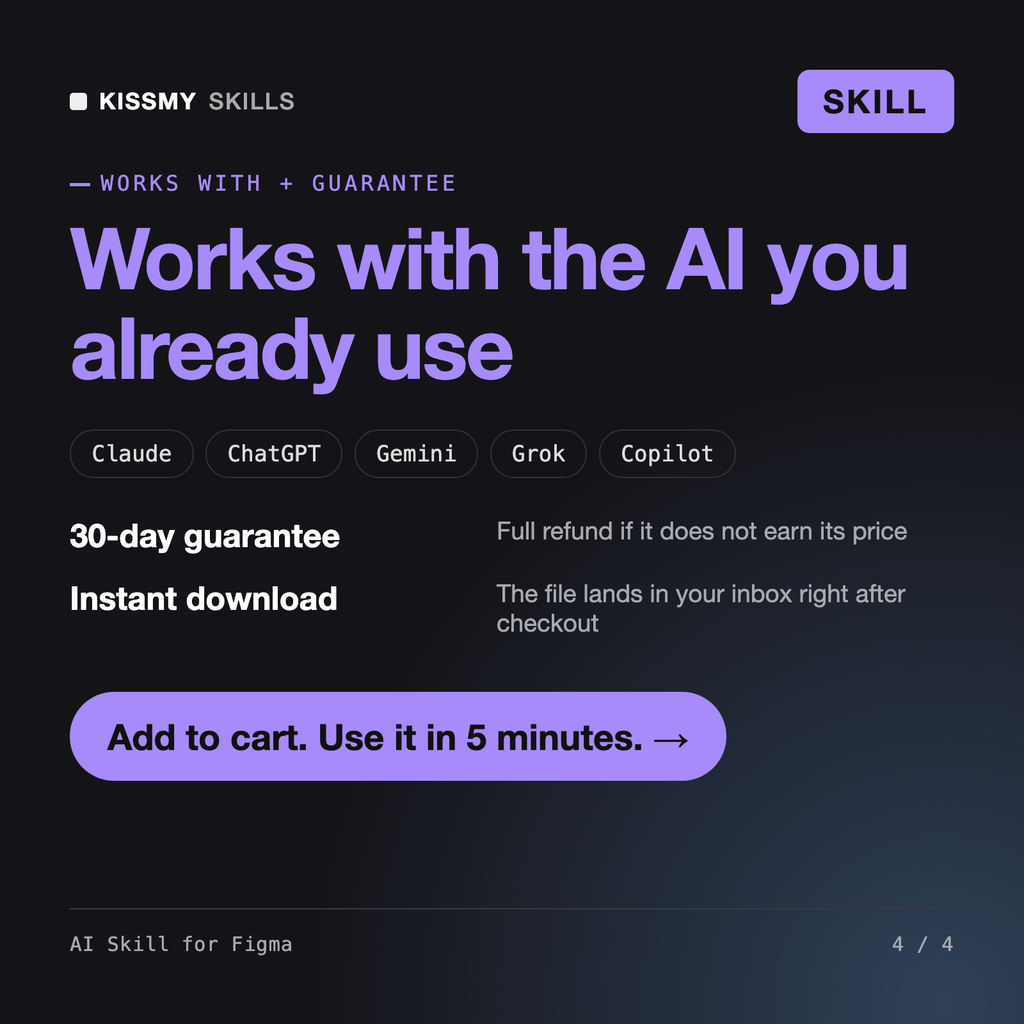 The AI Skill for Figma AI skill works with Claude, ChatGPT, Gemini and any AI chat, 30-day money-back guarantee