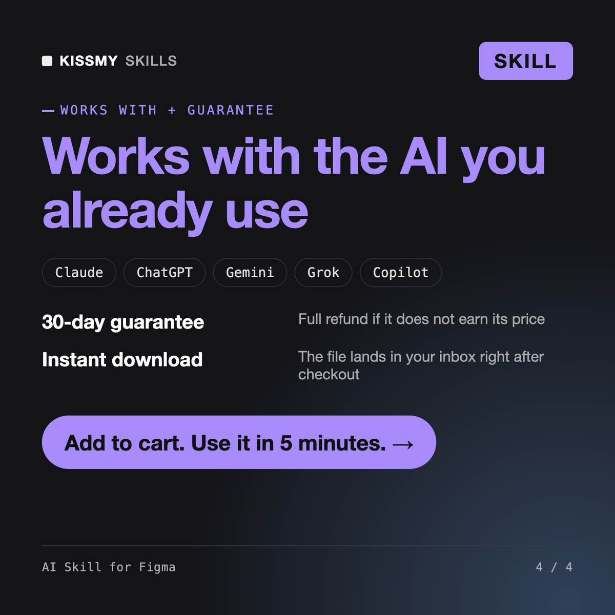 The AI Skill for Figma AI skill works with Claude, ChatGPT, Gemini and any AI chat, 30-day money-back guarantee