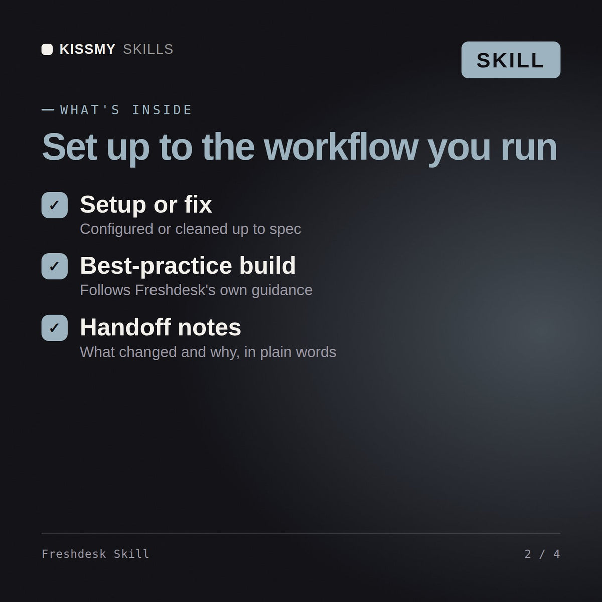 What's inside the Freshdesk Skill AI skill: Setup or fix, Best-practice build, Handoff notes