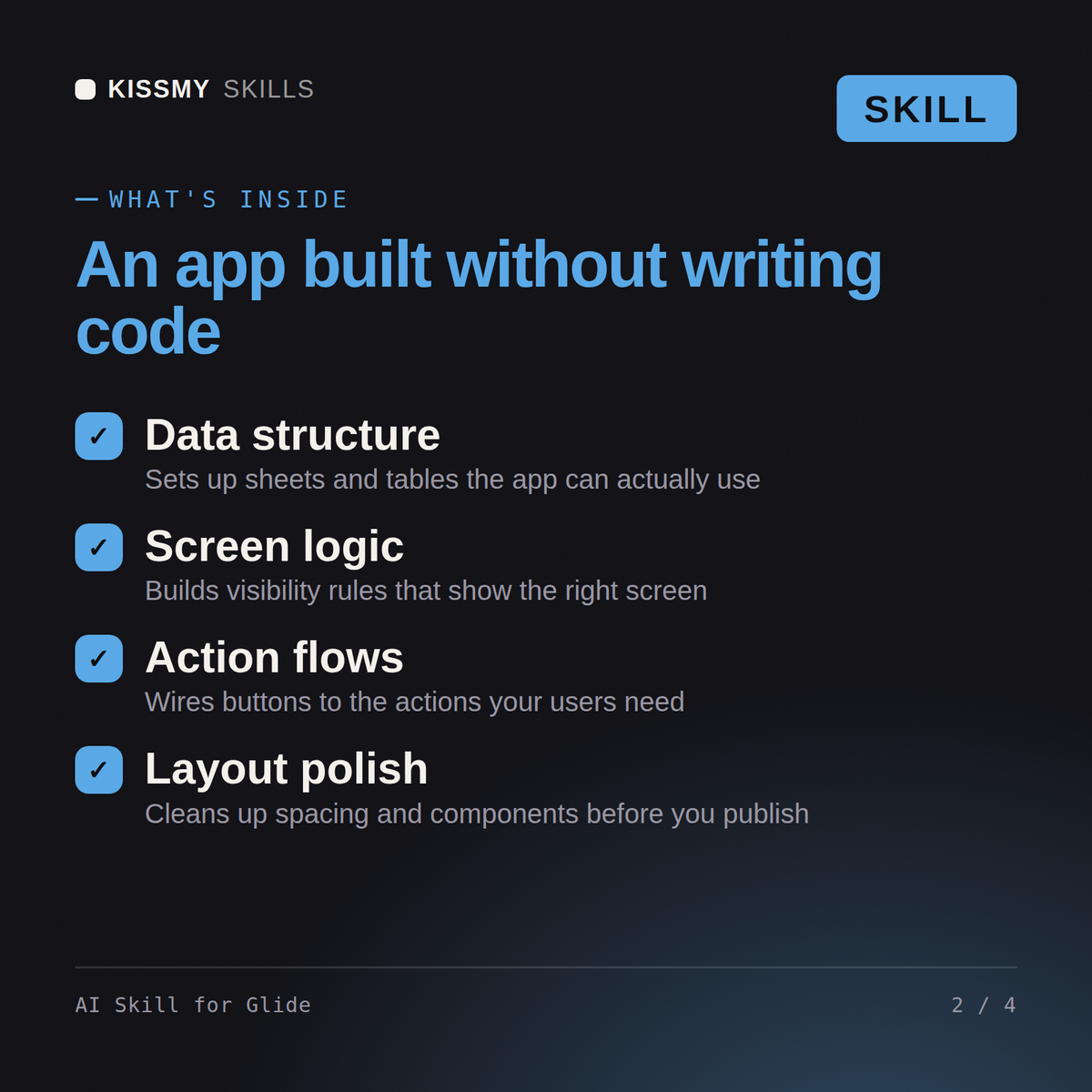 What's inside the AI Skill for Glide AI skill: Data structure, Screen logic, Action flows, Layout polish