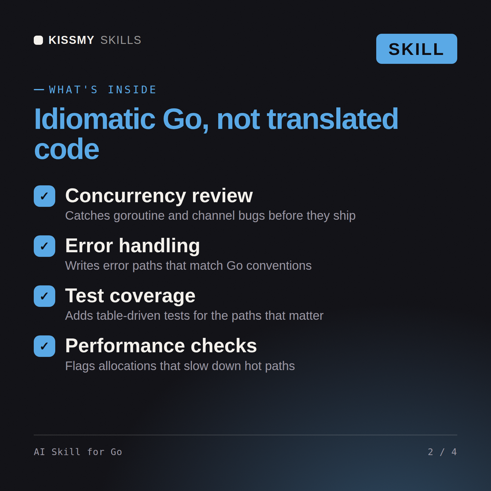 What's inside the AI Skill for Go AI skill: Concurrency review, Error handling, Test coverage, Performance checks