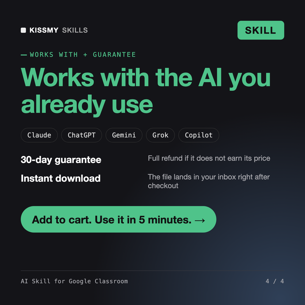 The AI Skill for Google Classroom AI skill works with Claude, ChatGPT, Gemini and any AI chat, 30-day money-back guarantee