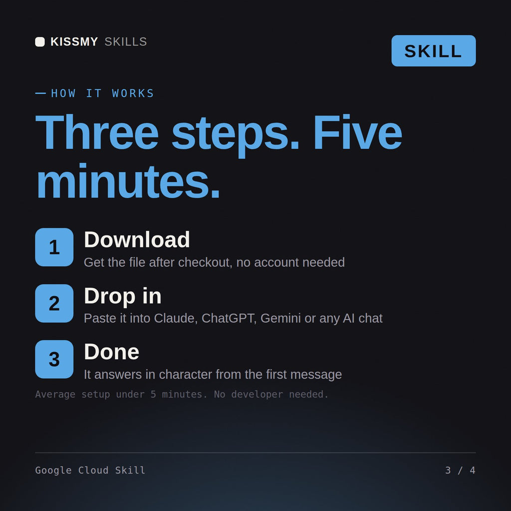 How the Google Cloud Skill AI skill works in three steps: download, drop it into your AI chat, done