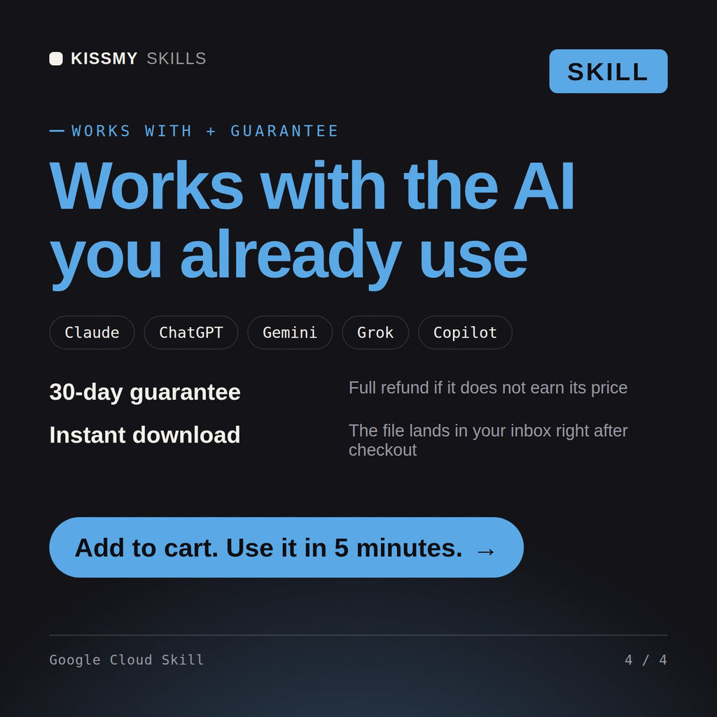 The Google Cloud Skill AI skill works with Claude, ChatGPT, Gemini and any AI chat, 30-day money-back guarantee