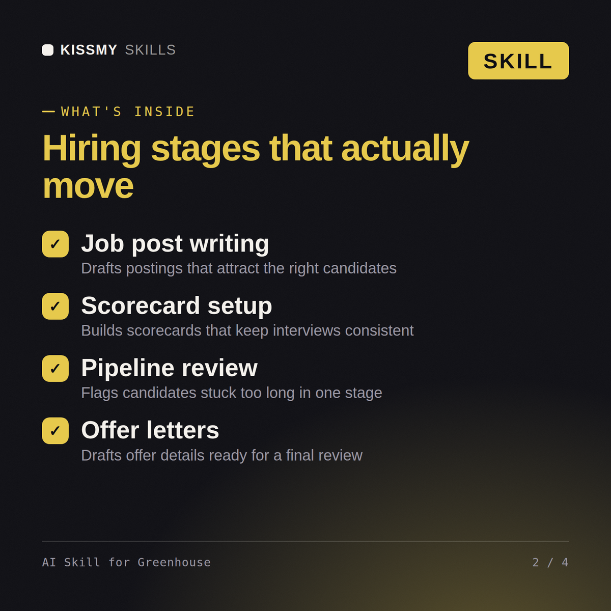 What's inside the AI Skill for Greenhouse AI skill: Job post writing, Scorecard setup, Pipeline review, Offer letters