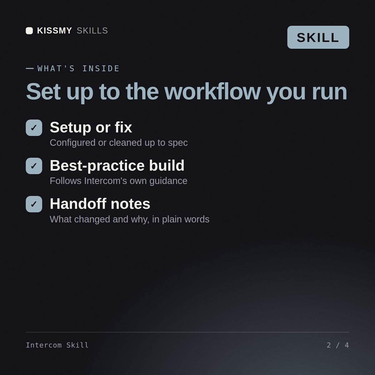 What's inside the Intercom Skill AI skill: Setup or fix, Best-practice build, Handoff notes