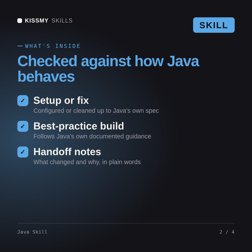What's inside the Java Skill AI skill: Setup or fix, Best-practice build, Handoff notes