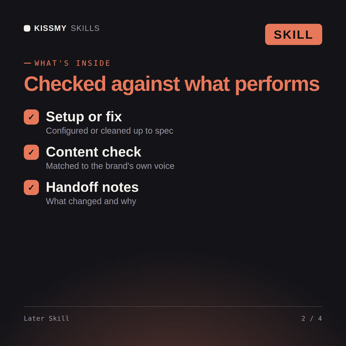What's inside the Later Skill AI skill: Setup or fix, Content check, Handoff notes
