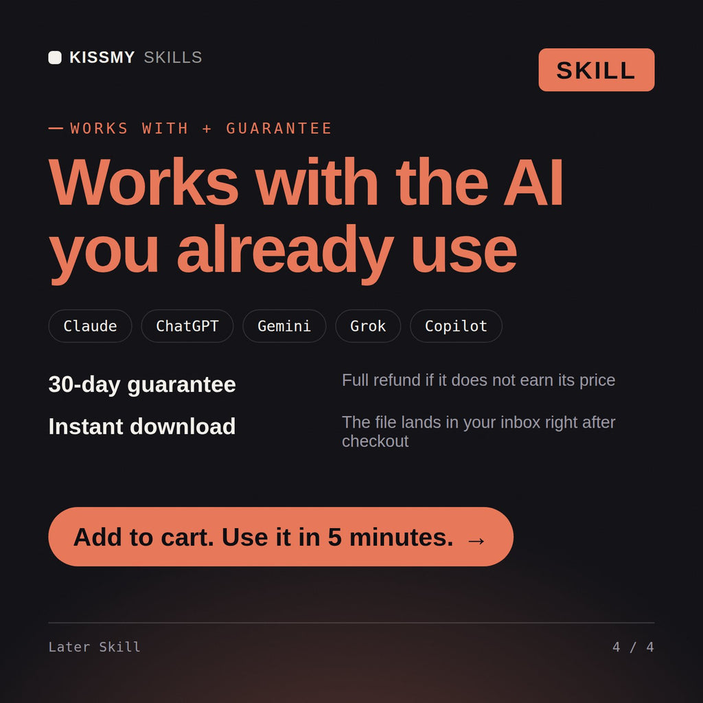 The Later Skill AI skill works with Claude, ChatGPT, Gemini and any AI chat, 30-day money-back guarantee