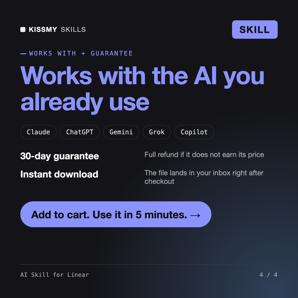 The AI Skill for Linear works with Claude, ChatGPT, Gemini and any AI chat, 30-day money-back guarantee