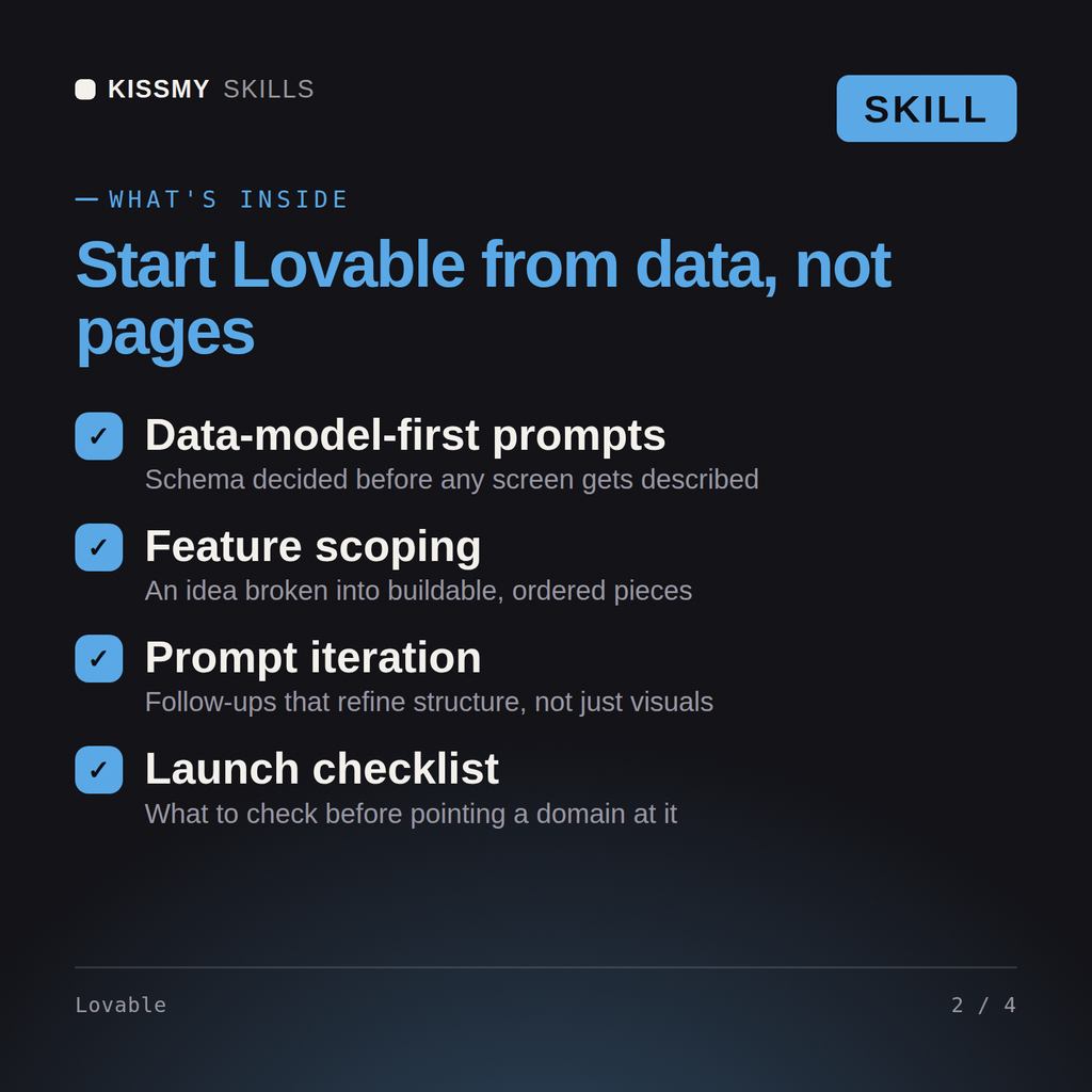 What's inside the Lovable AI skill: Data-model-first prompts, Feature scoping, Prompt iteration, Launch checklist