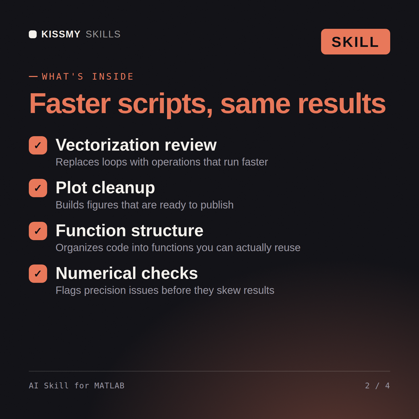 What's inside the AI Skill for MATLAB AI skill: Vectorization review, Plot cleanup, Function structure, Numerical checks
