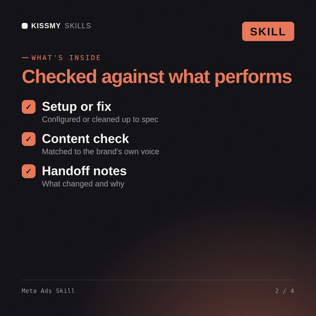 What's inside the Meta Ads Skill AI skill: Setup or fix, Content check, Handoff notes
