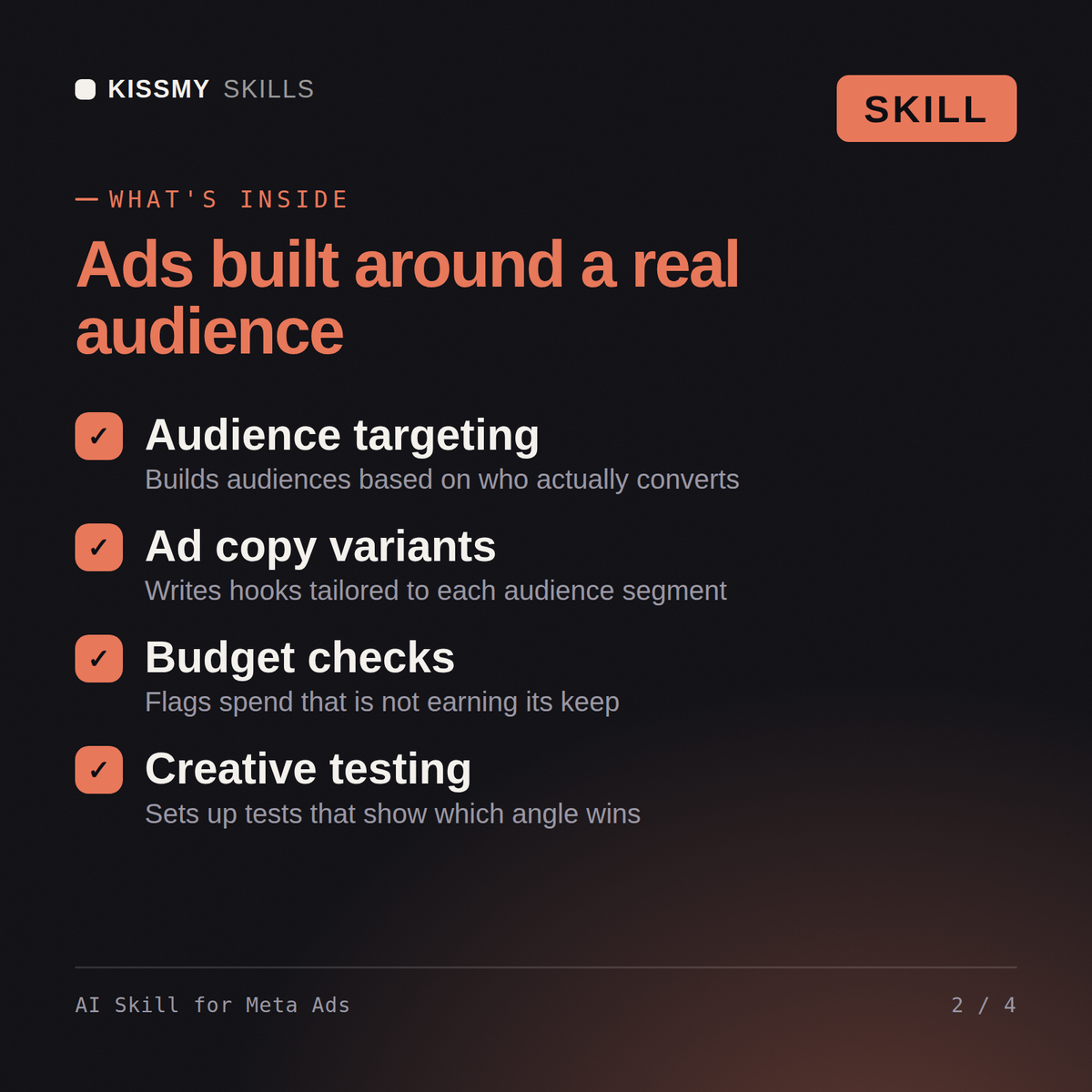 What's inside the AI Skill for Meta Ads AI skill: Audience targeting, Ad copy variants, Budget checks, Creative testing