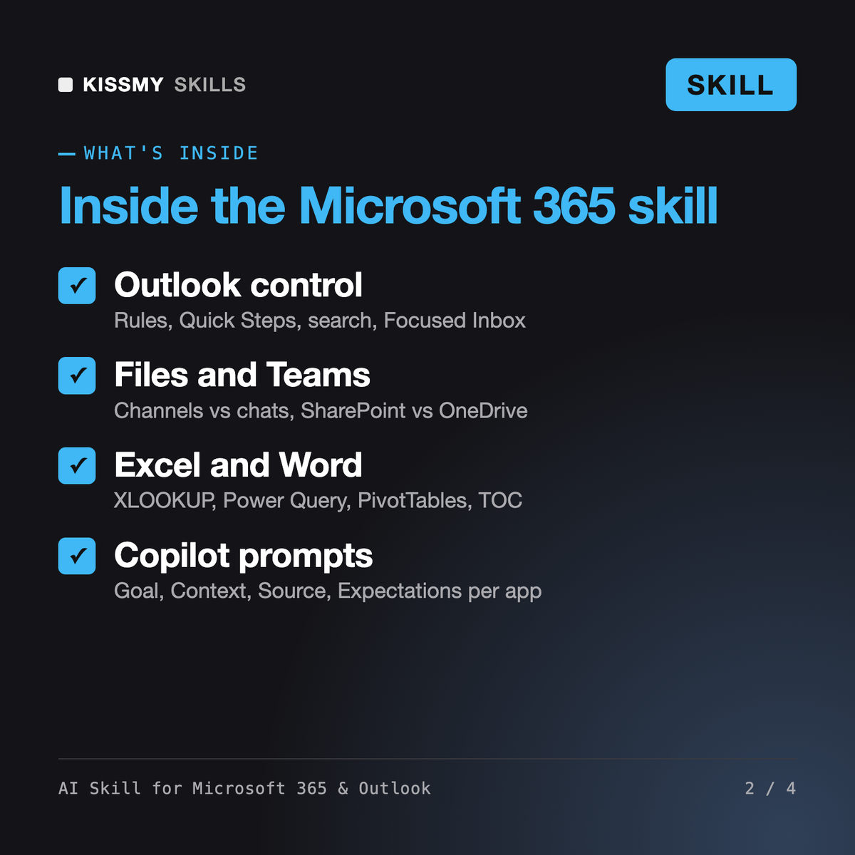 What's inside the AI Skill for Microsoft 365 & Outlook AI skill: Outlook control, Files and Teams, Excel and Word, Copilot prompts