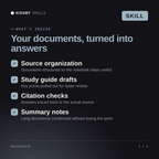 What's inside the NotebookLM AI skill: Source organization, Study guide drafts, Citation checks, Summary notes