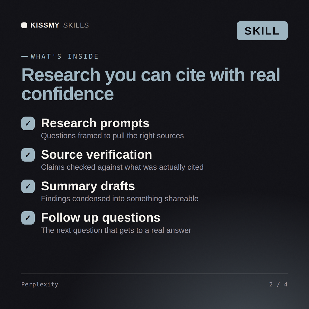 What's inside the Perplexity AI skill: Research prompts, Source verification, Summary drafts, Follow up questions