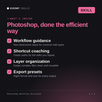 What's inside the Photoshop Workflow Assistant AI skill: Workflow guidance, Shortcut coaching, Layer organization, Export presets