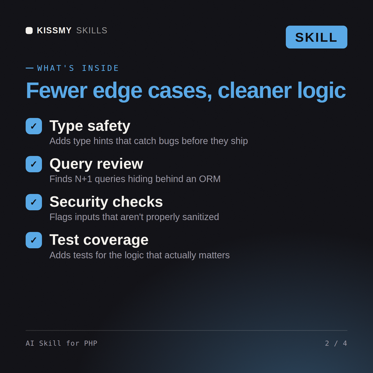 What's inside the AI Skill for PHP AI skill: Type safety, Query review, Security checks, Test coverage