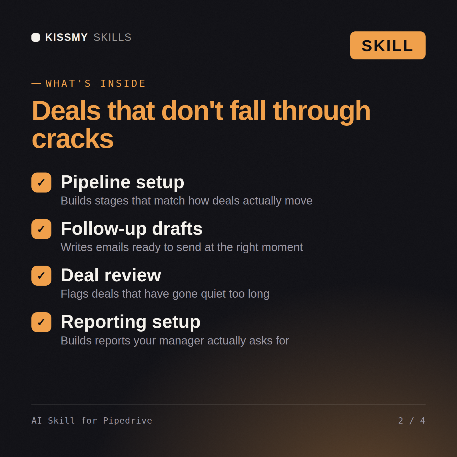 What's inside the AI Skill for Pipedrive AI skill: Pipeline setup, Follow-up drafts, Deal review, Reporting setup