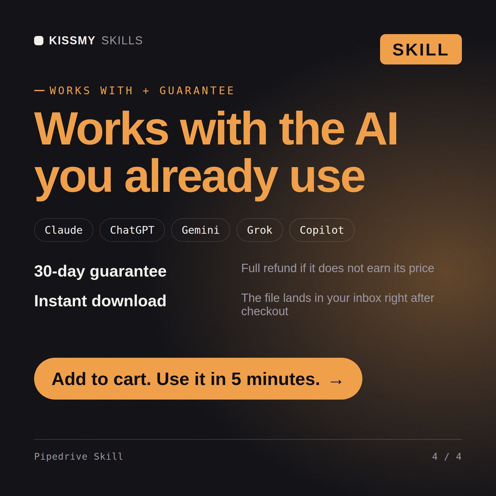 The Pipedrive Skill AI skill works with Claude, ChatGPT, Gemini and any AI chat, 30-day money-back guarantee