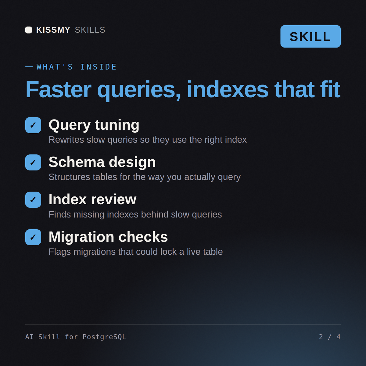 What's inside the AI Skill for PostgreSQL AI skill: Query tuning, Schema design, Index review, Migration checks