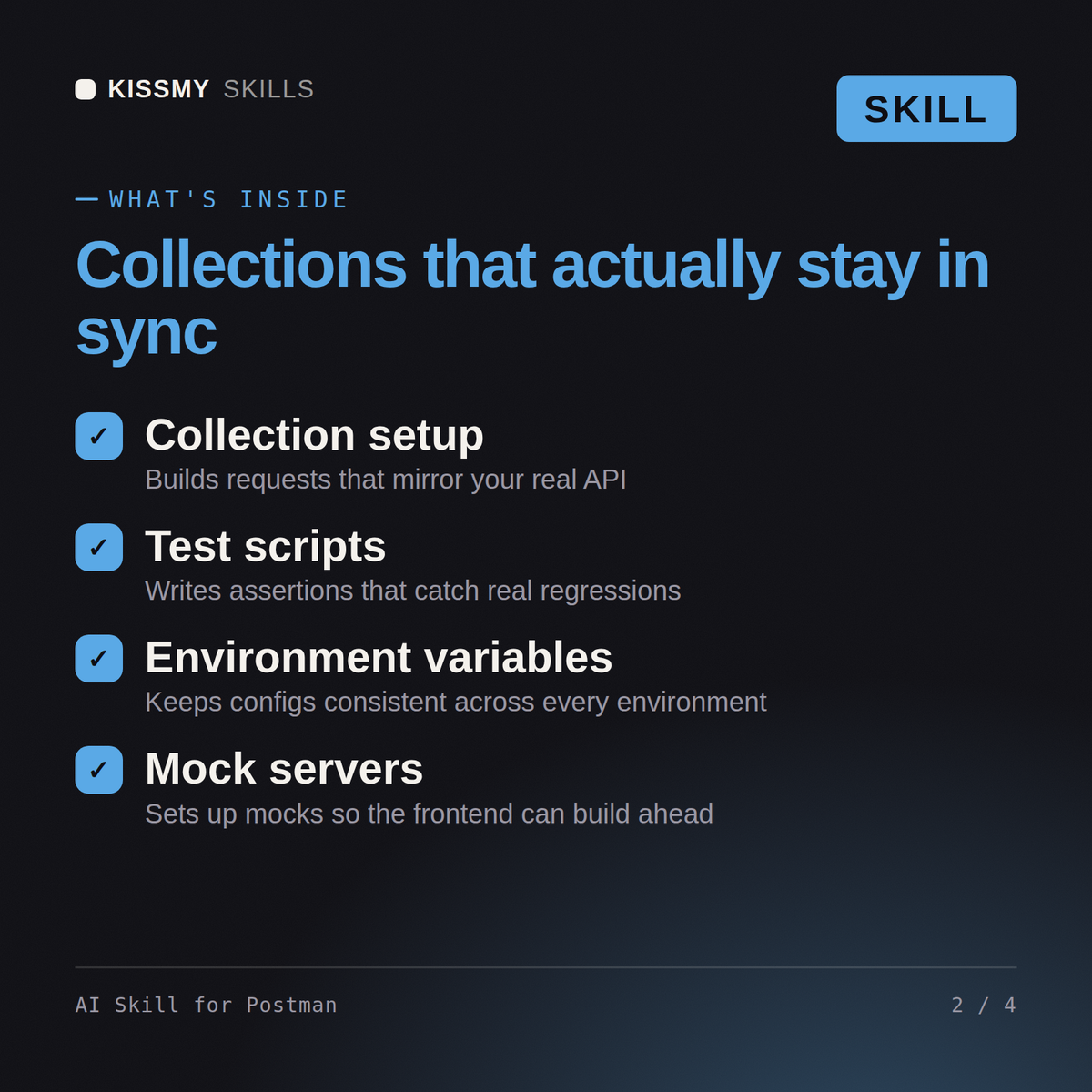 What's inside the AI Skill for Postman AI skill: Collection setup, Test scripts, Environment variables, Mock servers