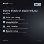 What's inside the PowerPoint AI skill: Slide structuring, Layout design, Chart cleanup, Speaker notes