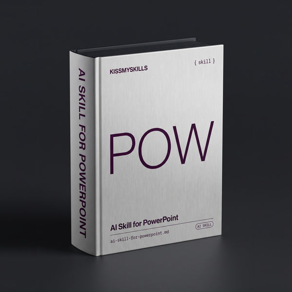 PowerPoint Claude skill by KissMySkills, brushed pale pewter metal cover with the monogram POW