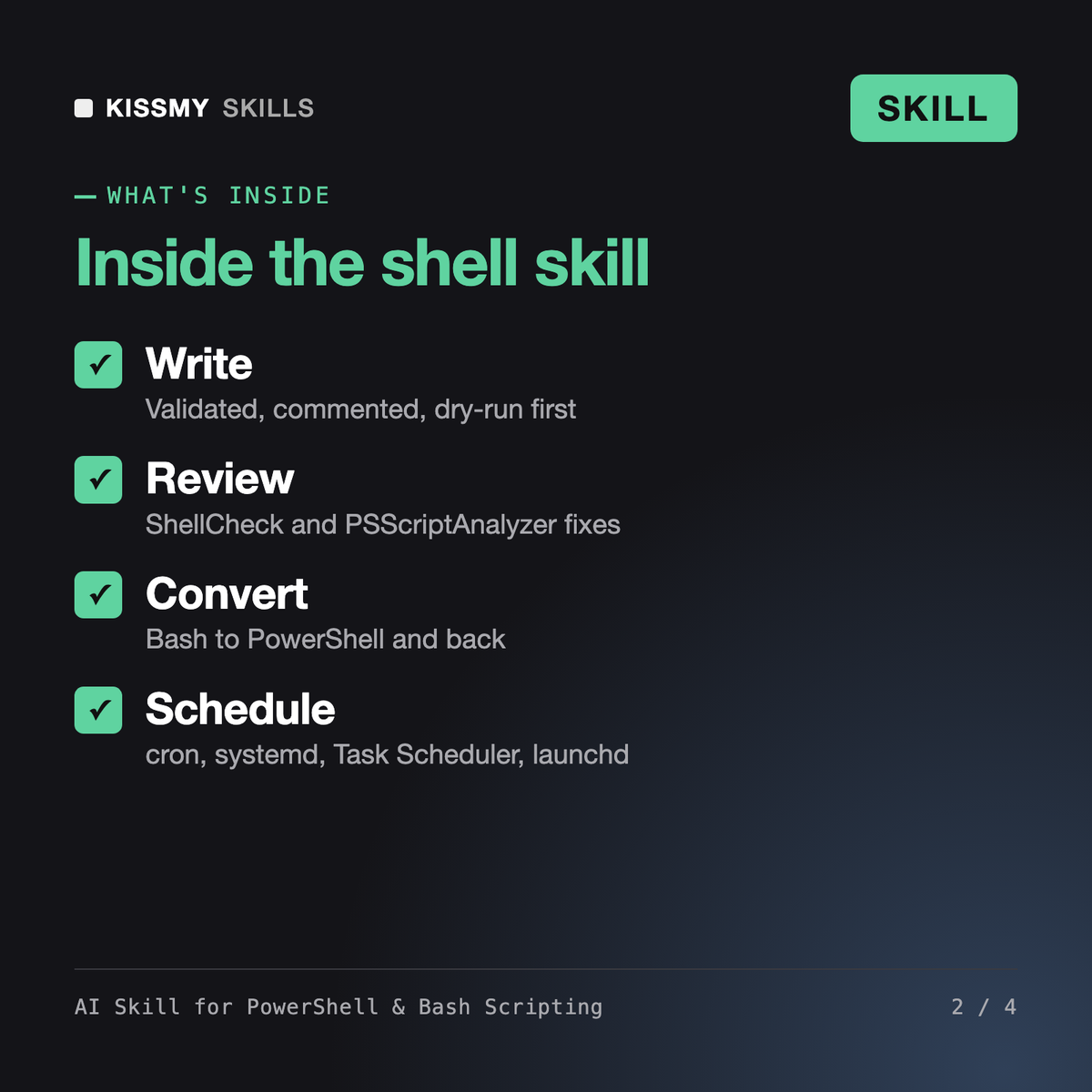 What's inside the AI Skill for PowerShell & Bash Scripting AI skill: Write, Review, Convert, Schedule