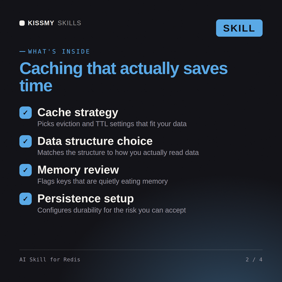 What's inside the AI Skill for Redis AI skill: Cache strategy, Data structure choice, Memory review, Persistence setup
