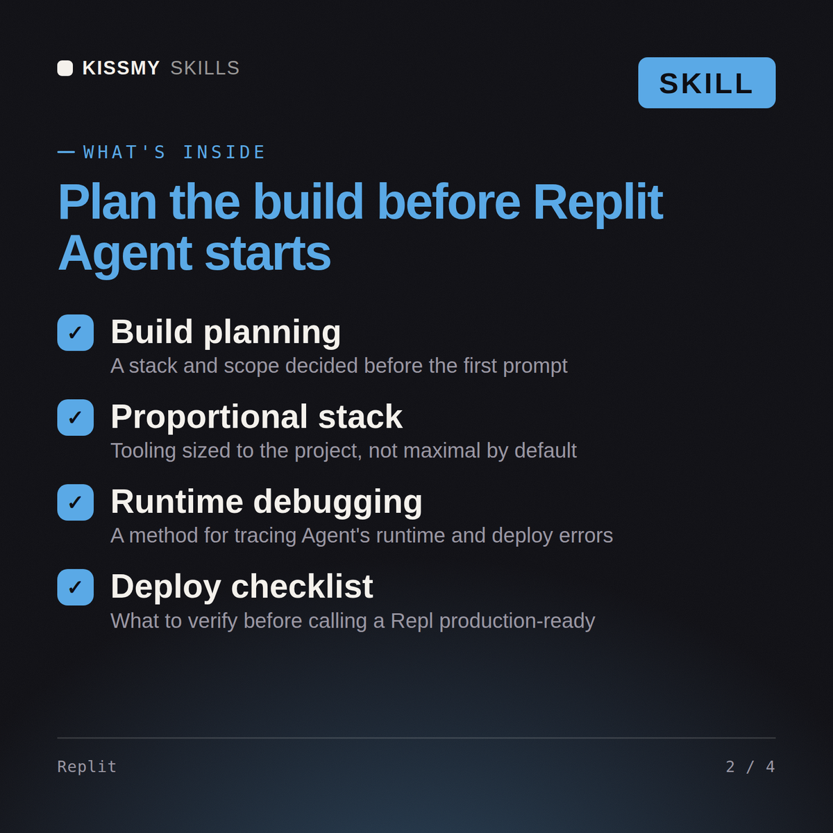 What's inside the Replit AI skill: Build planning, Proportional stack, Runtime debugging, Deploy checklist