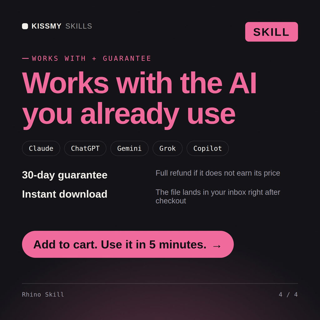 The Rhino Skill AI skill works with Claude, ChatGPT, Gemini and any AI chat, 30-day money-back guarantee